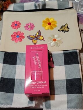 Handmade Cosmetic Bag With Strawberry Splash Pink Hand Cream - Travel Size
